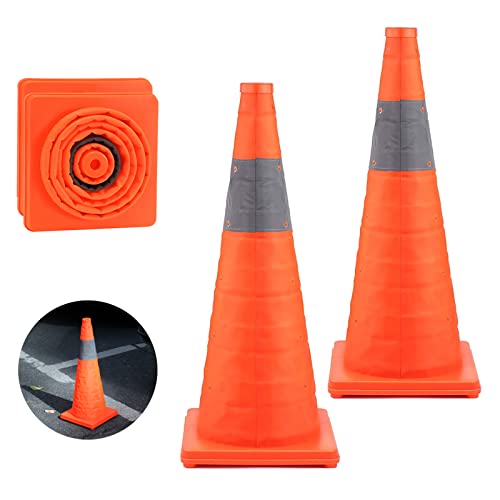 YOJOR 28 Inch Collapsible Traffic Safety Cones 2 Pack, Multi Purpose Pop-up Orange Cones with Reflective Collar for Road Safety, Driving Training, Parking Lots