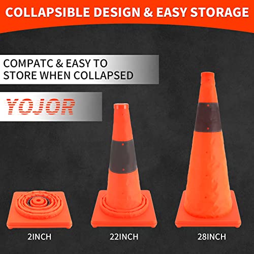 YOJOR 28 Inch Collapsible Traffic Safety Cones 2 Pack, Multi Purpose Pop-up Orange Cones with Reflective Collar for Road Safety, Driving Training, Parking Lots