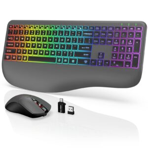 wireless keyboard and mouse combo with 7 colors backlit, wrist rest, 2.4g rechargeable ergonomic full size light up wireless keyboard and mouse set for computer, pc, mac, laptop, chromebook (grey)