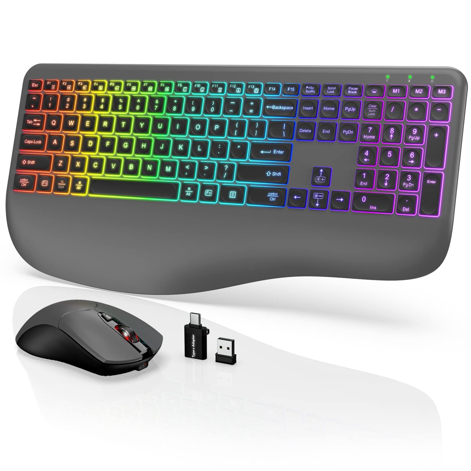 Wireless Keyboard and Mouse Combo with 7 Colors Backlit, Wrist Rest, 2.4G Rechargeable Ergonomic Full Size Light Up Wireless Keyboard and Mouse Set for Computer, PC, Mac, Laptop, Chromebook (Grey)