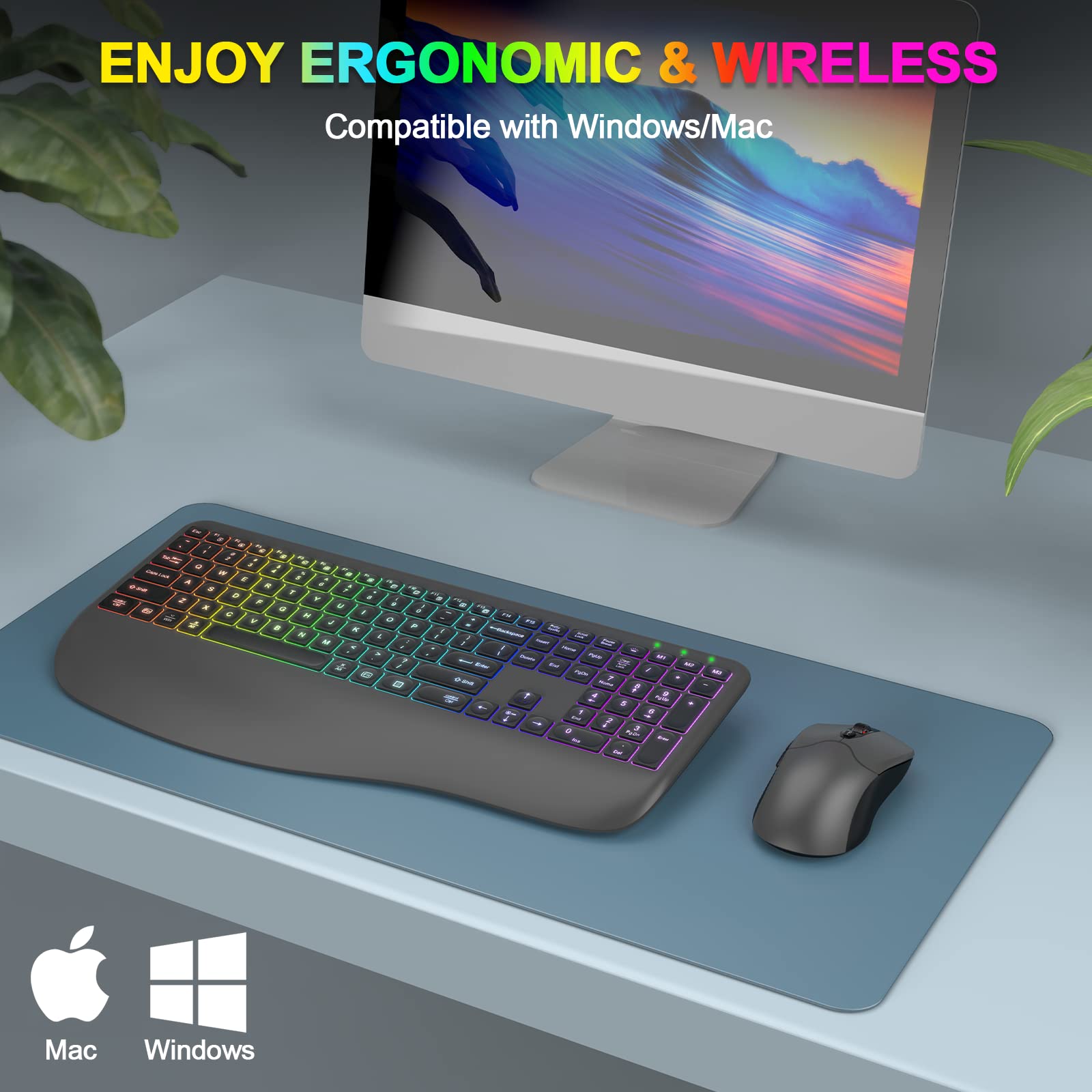 Wireless Keyboard and Mouse Combo with 7 Colors Backlit, Wrist Rest, 2.4G Rechargeable Ergonomic Full Size Light Up Wireless Keyboard and Mouse Set for Computer, PC, Mac, Laptop, Chromebook (Grey)