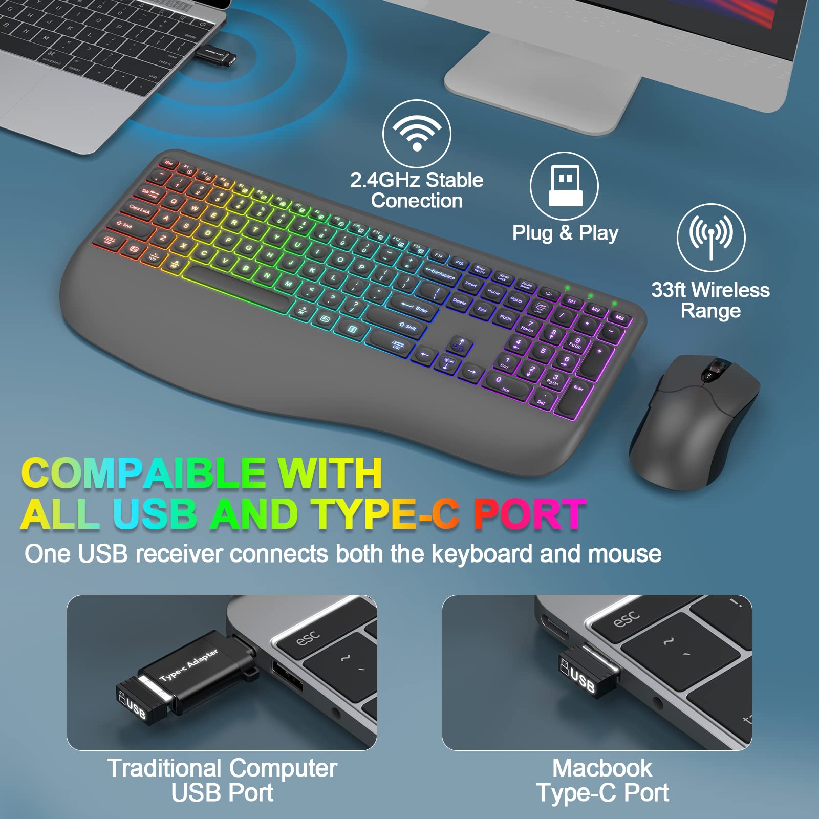 Wireless Keyboard and Mouse Combo with 7 Colors Backlit, Wrist Rest, 2.4G Rechargeable Ergonomic Full Size Light Up Wireless Keyboard and Mouse Set for Computer, PC, Mac, Laptop, Chromebook (Grey)