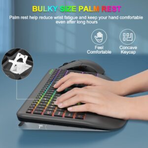 Wireless Keyboard and Mouse Combo with 7 Colors Backlit, Wrist Rest, 2.4G Rechargeable Ergonomic Full Size Light Up Wireless Keyboard and Mouse Set for Computer, PC, Mac, Laptop, Chromebook (Grey)