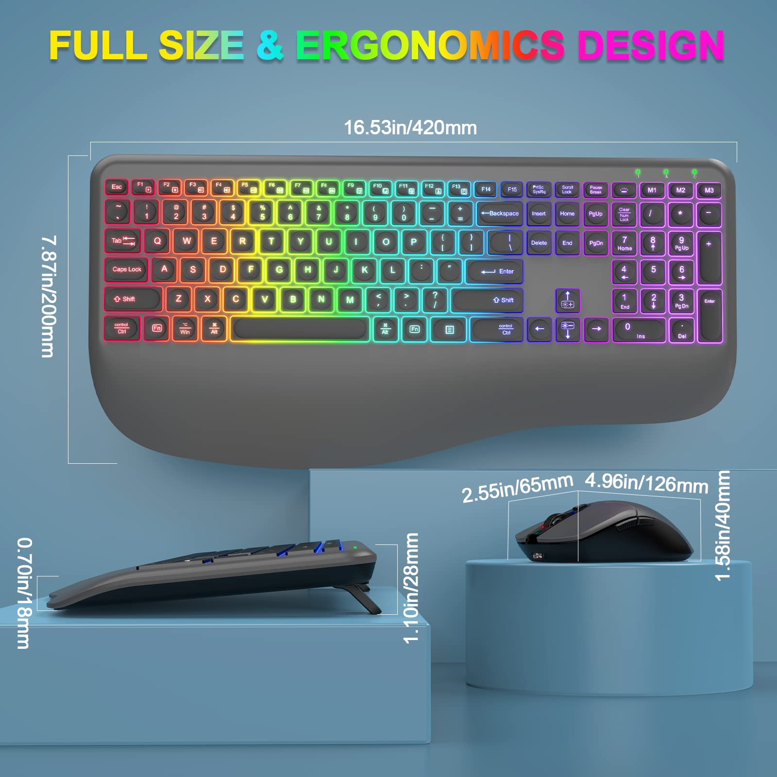 Wireless Keyboard and Mouse Combo with 7 Colors Backlit, Wrist Rest, 2.4G Rechargeable Ergonomic Full Size Light Up Wireless Keyboard and Mouse Set for Computer, PC, Mac, Laptop, Chromebook (Grey)