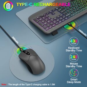 Wireless Keyboard and Mouse Combo with 7 Colors Backlit, Wrist Rest, 2.4G Rechargeable Ergonomic Full Size Light Up Wireless Keyboard and Mouse Set for Computer, PC, Mac, Laptop, Chromebook (Grey)