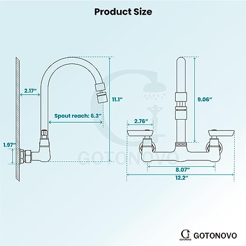 gotonovo Polish Chrome 8 Inch Center Wall Mount 360 Degree Swivel Spout Double Handles Kitchen Sink Faucet Kitchen Commercial Sink Utility Laundry Sink Mixer Tap