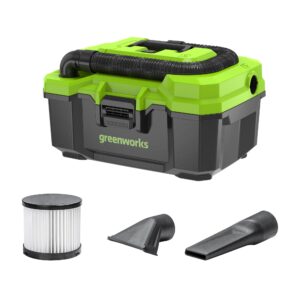 greenworks 24v cordless 3gal shop wet/dry bare accessories, brushless vacuum tool only, green