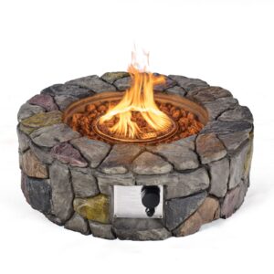 tangkula 28 inch round propane gas fire pit, patiojoy 40,000 btu stone look outdoor propane fire pit with lava rocks & pvc cover, faux stone gas fire pit table for patio, courtyard, garden (grey)