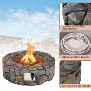 Tangkula 28 Inch Round Propane Gas Fire Pit, Patiojoy 40,000 BTU Stone Look Outdoor Propane Fire Pit with Lava Rocks & PVC Cover, Faux Stone Gas Fire Pit Table for Patio, Courtyard, Garden (Grey)