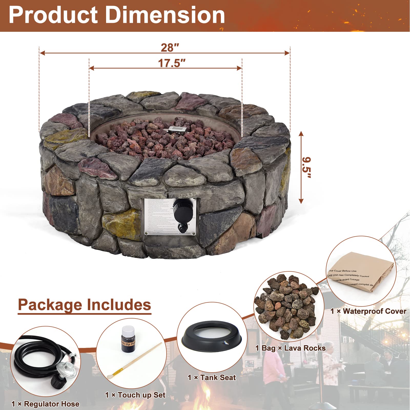 Tangkula 28 Inch Round Propane Gas Fire Pit, Patiojoy 40,000 BTU Stone Look Outdoor Propane Fire Pit with Lava Rocks & PVC Cover, Faux Stone Gas Fire Pit Table for Patio, Courtyard, Garden (Grey)