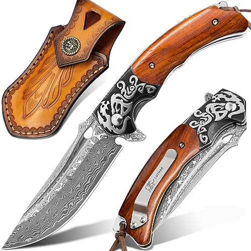 LOTHAR RHAEGAL Damascus Pocket Knife for Men, Handmade Forged VG10 Damascus Folding Knife with Sandalwood, Retro Leather Sheath, Pocket Clip, Men Gifts for Birthday, Christmas, Father's Day (Yellow Sandalwood)