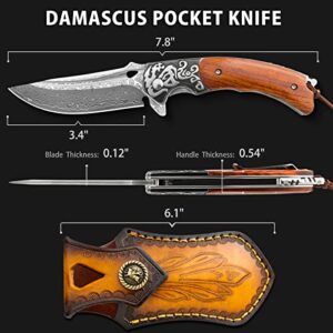 LOTHAR RHAEGAL Damascus Pocket Knife for Men, Handmade Forged VG10 Damascus Folding Knife with Sandalwood, Retro Leather Sheath, Pocket Clip, Men Gifts for Birthday, Christmas, Father's Day (Yellow Sandalwood)