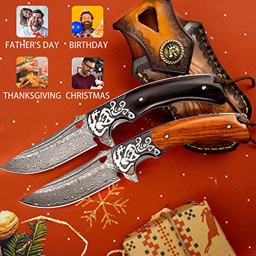 LOTHAR RHAEGAL Damascus Pocket Knife for Men, Handmade Forged VG10 Damascus Folding Knife with Sandalwood, Retro Leather Sheath, Pocket Clip, Men Gifts for Birthday, Christmas, Father's Day (Yellow Sandalwood)