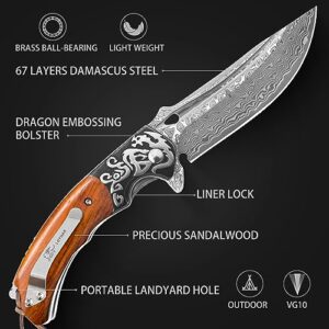 LOTHAR RHAEGAL Damascus Pocket Knife for Men, Handmade Forged VG10 Damascus Folding Knife with Sandalwood, Retro Leather Sheath, Pocket Clip, Men Gifts for Birthday, Christmas, Father's Day (Yellow Sandalwood)