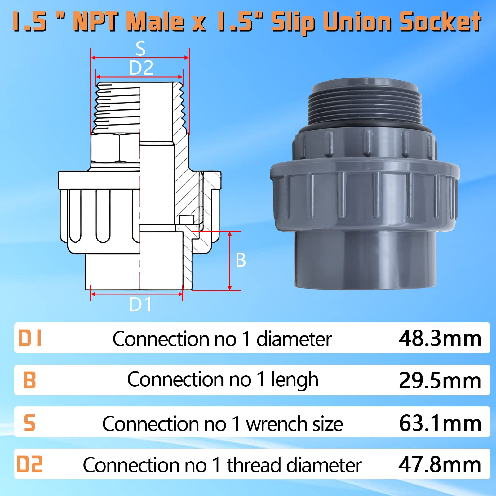 Boltigen 1-1/2 PVC Pool Pump Fitting Coupling, 1.5" NPT Male x 1.5" Slip Union Socket Joint Adapter Connector Replacement for Pool Spa Pump