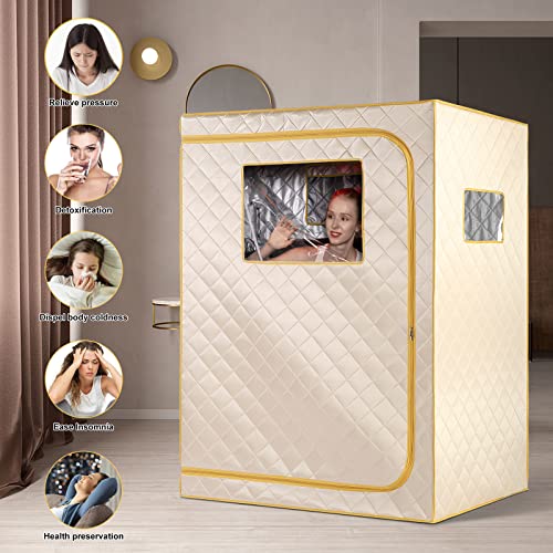 Smartmak Full Size Far Infrared Sauna, Two Person Home SPA with Time & Temperature Remote, Chairs, Light, 1 or 2 Person Privacy Indoor Saunas for Relaxation Detox,Beige