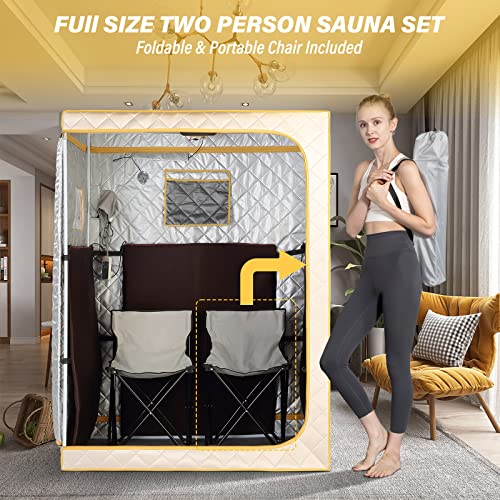 Smartmak Full Size Far Infrared Sauna, Two Person Home SPA with Time & Temperature Remote, Chairs, Light, 1 or 2 Person Privacy Indoor Saunas for Relaxation Detox,Beige