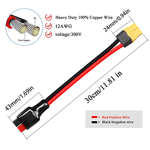 QIANRENON 12AWG 45A Connector to XT60 Male Cable Solar Panel to Lithium Battery Connector Adapter, for Outdoor Power Bank, Lithium Battery Pack, 30cm/11.8in,2pcs