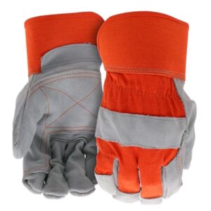 boss men's guard heavy duty work gloves with double leather cowhide palm, abrasion resistant, high durability, canvas backing, extended safety cuff, orange, gray, large (b71031-l)