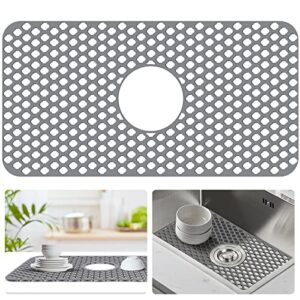 sink protectors for kitchen sink,kitchen sink mats with center hole, food grade silicone, 1 non-slip heat resistant foldable sink fitting for stainless steel or ceramic sink bottom (grey 24.8"*13")