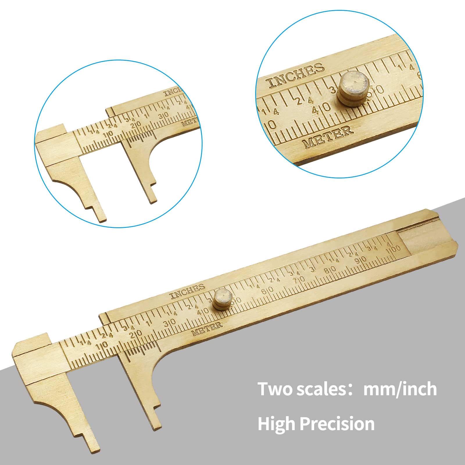 Kyuionty Brass Pocket Vernier Caliper Ruler, Sliding Gauge Mini Vernier Caliper Double Scales MM/Inch Measuring Tool (100mm)