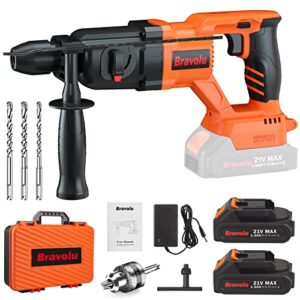 cordless rotary hammer drill, bravolu brushless 21v 1 inch sds plus hammer drill with 2 x 1.5ah battery and 1/2" drill chuck, 2 modes and variable-speed, 360° adjustable handle