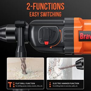 Cordless Rotary Hammer Drill, Bravolu Brushless 21V 1 Inch SDS Plus Hammer Drill with 2 x 1.5Ah Battery and 1/2" Drill Chuck, 2 Modes and Variable-Speed, 360° Adjustable Handle