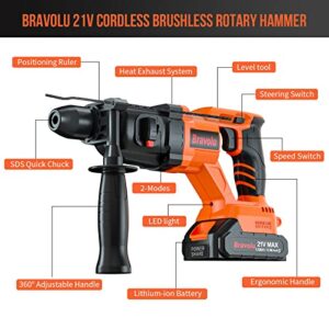 Cordless Rotary Hammer Drill, Bravolu Brushless 21V 1 Inch SDS Plus Hammer Drill with 2 x 1.5Ah Battery and 1/2" Drill Chuck, 2 Modes and Variable-Speed, 360° Adjustable Handle