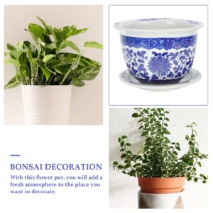 GANAZONO Ceramic Planter Blue and White Planter Flower Pots with Tray Porcelain Bonsai Pot Plant Container Planter for Home Office