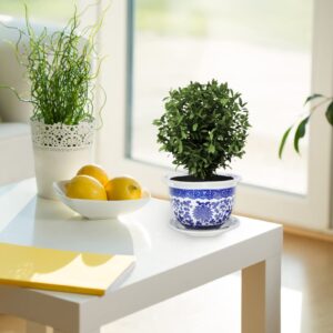 GANAZONO Ceramic Planter Blue and White Planter Flower Pots with Tray Porcelain Bonsai Pot Plant Container Planter for Home Office