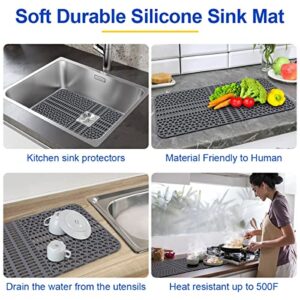 Sink Mats for Bottom of Kitchen Sink, KOCWELL Non-Slip Kitchen Sink Mats,Sink Protectors for Kitchen Sink,Silicone Sink Mat Protector With Cuttable Drain Holes, Grey Sink Mat Grid Accessory 26''×13''