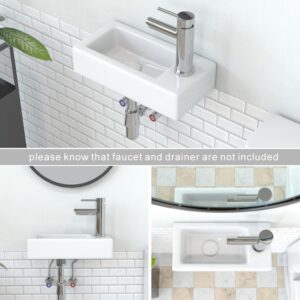 J-FAMILY Small Bathroom Sink Wall Hung Basin Sink Rectangle Ceramic Mini Vessel Sink Wall Mount Wash Basin,Right Hand