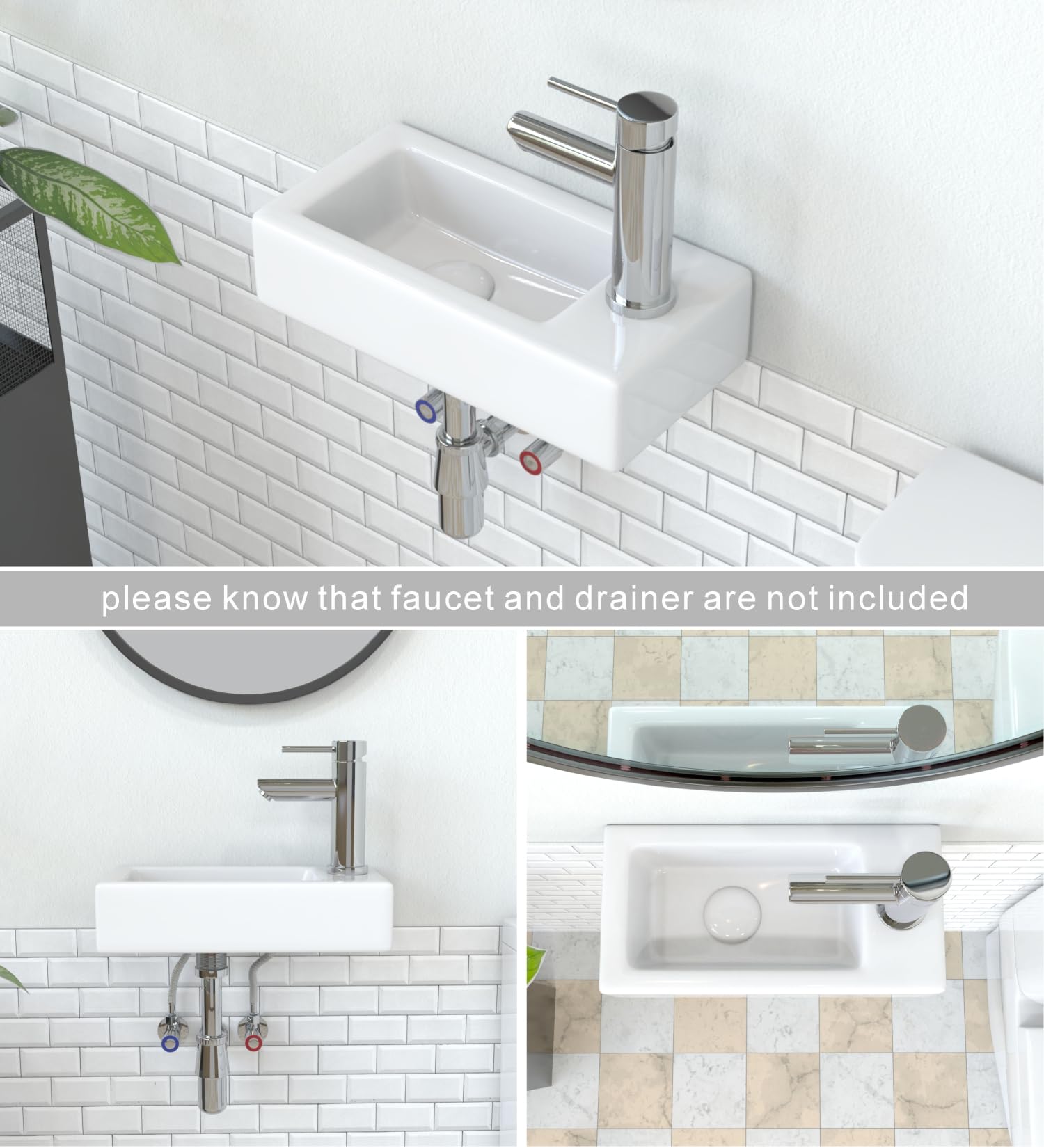 J-FAMILY Small Bathroom Sink Wall Hung Basin Sink Rectangle Ceramic Mini Vessel Sink Wall Mount Wash Basin,Right Hand