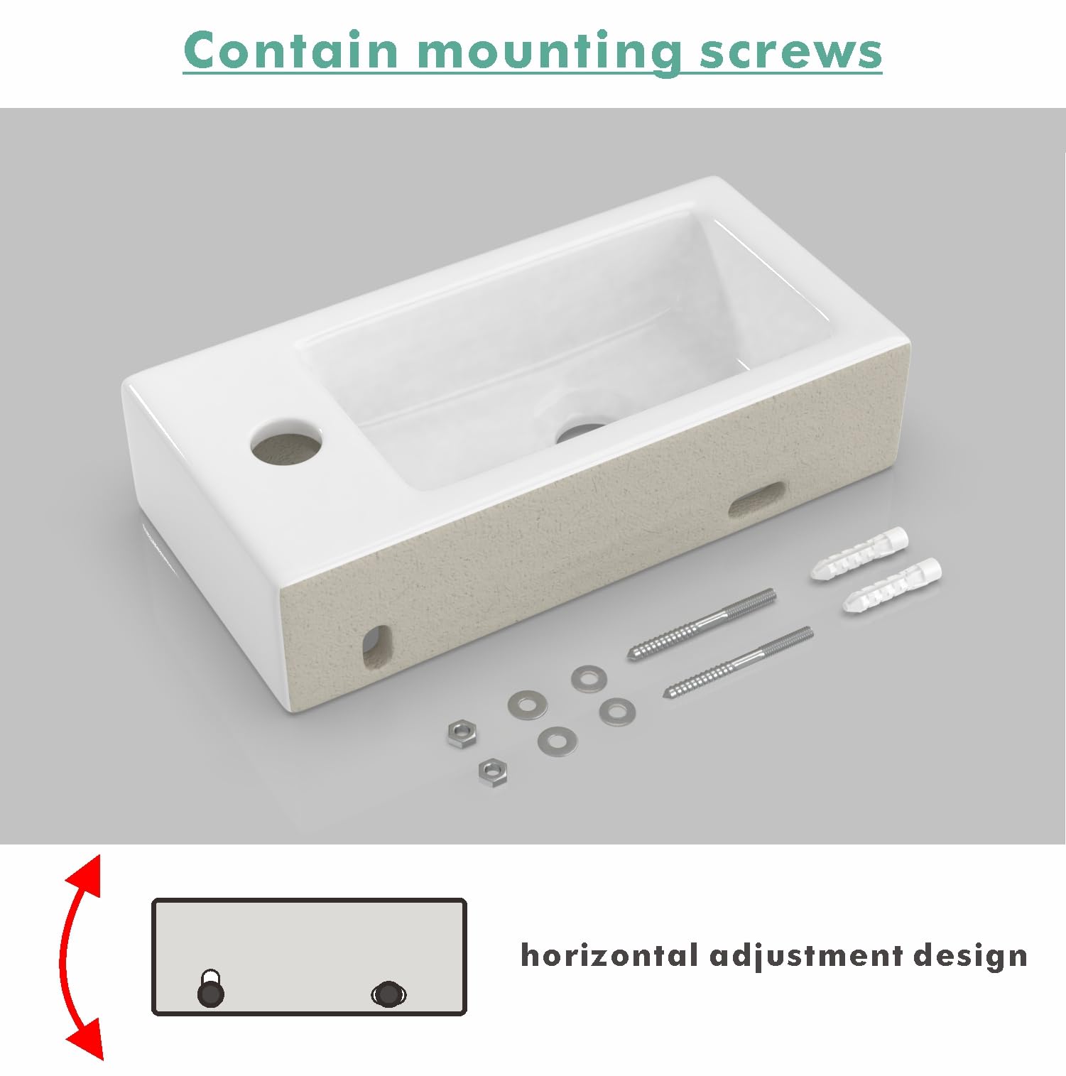 J-FAMILY Small Bathroom Sink Wall Hung Basin Sink Rectangle Ceramic Mini Vessel Sink Wall Mount Wash Basin,Right Hand