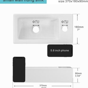 J-FAMILY Small Bathroom Sink Wall Hung Basin Sink Rectangle Ceramic Mini Vessel Sink Wall Mount Wash Basin,Right Hand