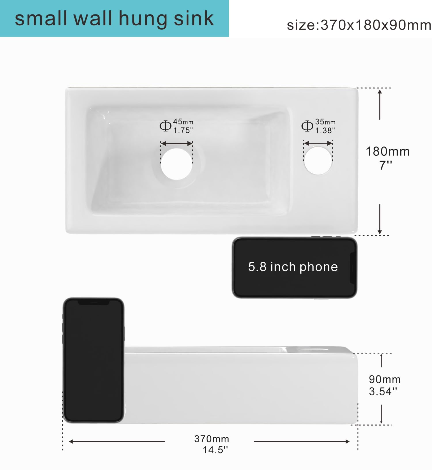 J-FAMILY Small Bathroom Sink Wall Hung Basin Sink Rectangle Ceramic Mini Vessel Sink Wall Mount Wash Basin,Right Hand