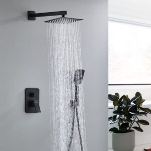 Anksaysh 8 Inch Shower System with Tub Spout, Black Shower Faucet Set for Bathroom, Square High Pressure Shower Head, 2-Setting Handheld Faucets Sets, Wall Mounted Rainfall Shower Valve Kit