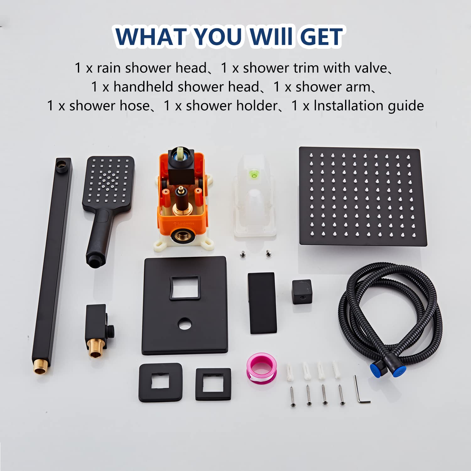 Anksaysh 8 Inch Shower System with Tub Spout, Black Shower Faucet Set for Bathroom, Square High Pressure Shower Head, 2-Setting Handheld Faucets Sets, Wall Mounted Rainfall Shower Valve Kit