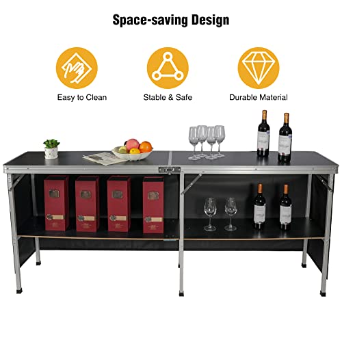 REDCAMP Extra Long Portable Bar Table with Bar Skirts and Storage Shelf, Pop-Up Bar Table for Party, Patio, 78"x33.5"x15",Black