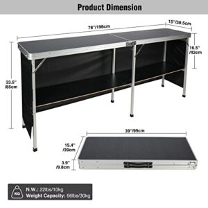 REDCAMP Extra Long Portable Bar Table with Bar Skirts and Storage Shelf, Pop-Up Bar Table for Party, Patio, 78"x33.5"x15",Black