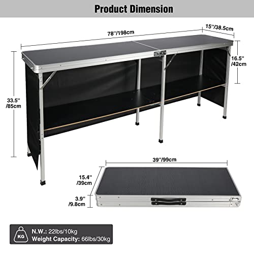 REDCAMP Extra Long Portable Bar Table with Bar Skirts and Storage Shelf, Pop-Up Bar Table for Party, Patio, 78"x33.5"x15",Black