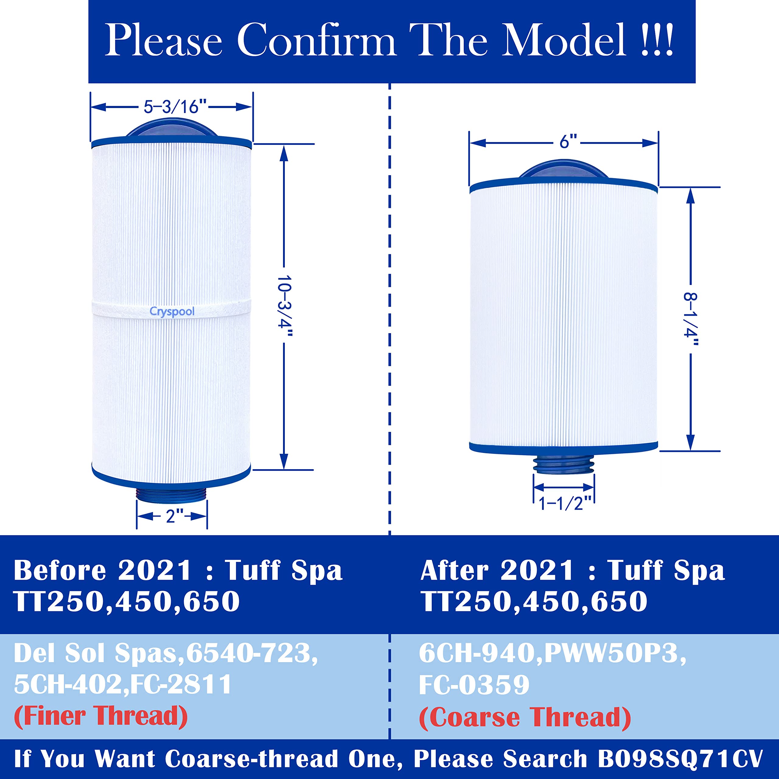 Cryspool 2" MPT-Thread Spa Filter Compatible with Tuff spa Filter, Del Sol Spas, Sundance Spas 6540-723,5CH-402, FC-2811, South Pacific Spas 40 sq.ft hot tub Filter, 2 Pack