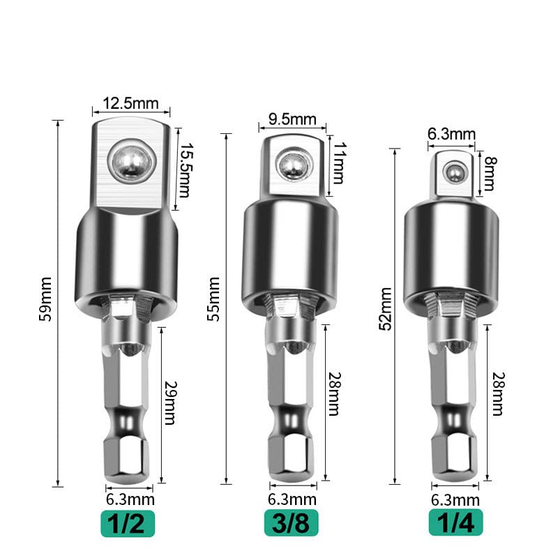 GDFYMI Socket Adapter Set, Drill Socket Adapter, 1/4 Inch Hex Shank to 1/4 Square Socket Drives, 1/4 to 3/8 Socket Adapter, 1/4 to 1/2 Impact Adapter, 360° Rotatable Joint Swivel Socket Set (3 Pcs)