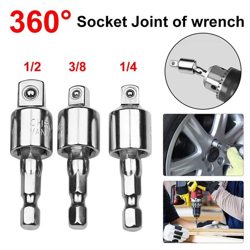 GDFYMI Socket Adapter Set, Drill Socket Adapter, 1/4 Inch Hex Shank to 1/4 Square Socket Drives, 1/4 to 3/8 Socket Adapter, 1/4 to 1/2 Impact Adapter, 360° Rotatable Joint Swivel Socket Set (3 Pcs)