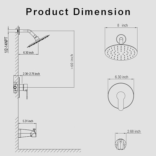 Holispa Tub Shower Faucet, Brushed Nickel Shower Faucet Set with 8-Inch Rainfall Shower Head and Tub Spout, Shower Tub Faucet Set Complete (Included Shower Valve), Tub Shower Trim Kit, Brushed Nickel