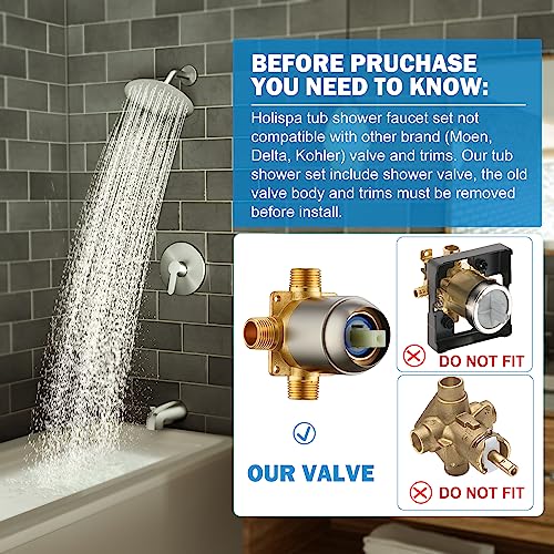 Holispa Tub Shower Faucet, Brushed Nickel Shower Faucet Set with 8-Inch Rainfall Shower Head and Tub Spout, Shower Tub Faucet Set Complete (Included Shower Valve), Tub Shower Trim Kit, Brushed Nickel