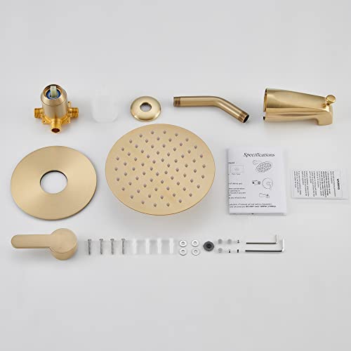 Holispa Gold Tub Shower Faucet, Shower Faucet Set with 8-Inch Rainfall Shower Head and Tub Spout, Shower Tub Faucet Set Complete (Included Shower Valve), Tub Shower Trim Kit, Brushed Gold