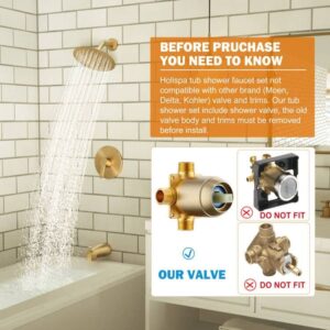 Holispa Gold Tub Shower Faucet, Shower Faucet Set with 8-Inch Rainfall Shower Head and Tub Spout, Shower Tub Faucet Set Complete (Included Shower Valve), Tub Shower Trim Kit, Brushed Gold