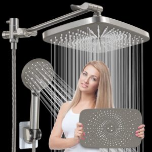 veken 12” taupe & brushed nickle rainfall shower head with handheld, high pressure shower head with 70'' hose, shower, rain shower head, combo showerheads