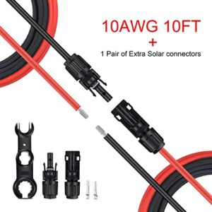 SGANGCAR Solar Extension Cable 10 Feet 10AWG Solar Panel Cable MC4 Extension Cable with Pair of Connectors and Adaptor Kit Tools (10FT Red + 10FT Black)